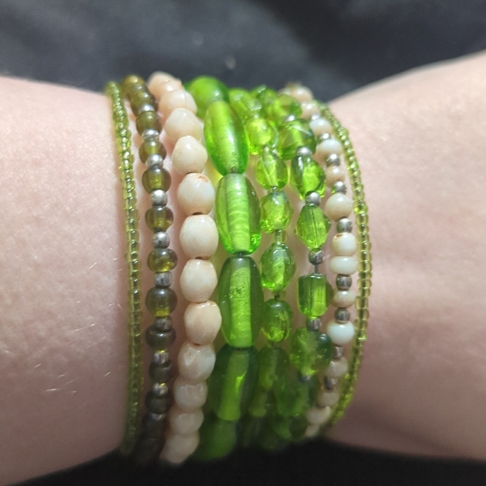 Green and Cream Beaded Memory Wire Wrap Bangle Statement Bracelet